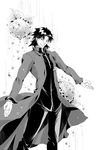  cassock coat fate/stay_night fate_(series) flower greyscale kotomine_kirei male_focus monochrome mullet outstretched_arms smile solo toroakikan 