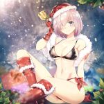  1girl bare_shoulders bell bikini black_bikini blush boots breasts christmas cleavage closed_mouth collarbone fate/grand_order fate_(series) fur_trim gloves hair_over_one_eye hat hips knee_boots large_breasts lavender_hair looking_at_viewer mash_kyrielight mistletoe navel purple_eyes red_footwear red_gloves santa_hat sitting smile snowing solo swimsuit teddy_(khanshin) thighhighs thighs 