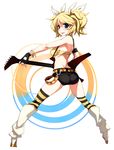  :p alternate_costume alternate_hairstyle ass belt blonde_hair blue_eyes blush bra bracelet breasts electric_guitar fingerless_gloves gloves guitar hair_ribbon highres instrument jewelry kagamine_rin looking_at_viewer looking_back medium_breasts mikumikudance penguin_caee ribbon short_hair short_shorts shorts sideboob solo striped striped_legwear thighhighs tongue tongue_out twintails underwear vocaloid white_background 