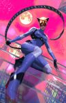  1girl absolute_batman absolute_dc animal_ear_helmet animal_helmet bodysuit building cat_helmet cat_mask catsuit catwoman_(absolute_dc) dc_comics helmet highres jswayart latex latex_bodysuit leather_suit mask reflection skyscraper solo 