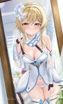  1girl absurdres adapted_costume artist_name blonde_hair bloomers blush boots breasts cleavage commentary_request cowboy_shot detached_sleeves dress embarrassed flower genshin_impact hair_flower hair_ornament highres indoors large_breasts leaning_forward lilith_bread looking_at_mirror lumine_(genshin_impact) mirror navel panties pulling_own_clothes reflection reflection_focus short_hair_with_long_locks solo strap_pull thigh_boots thighs underwear unworn_bloomers white_boots white_dress white_panties yellow_eyes 