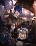  1boy :d aerial_fireworks ahoge balloon black_hoodie black_pants blue_flower blue_hair car_interior commentary_request company_name copyright_notice drawstring fireworks flower hair_between_eyes harusaki_air harusaki_air_(3rd_costume) holding holding_balloon hood hoodie looking_at_viewer male_focus nijisanji official_alternate_costume official_alternate_hairstyle official_art pants purple_eyes sample_watermark sjamki smile solo steering_wheel stuffed_animal stuffed_toy teddy_bear teeth tongue upper_teeth_only virtual_youtuber watermark 