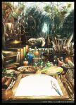  book bookshelf brushbuddy cola_(gotouryouta) coral creature crystal crystal_ribbon cup fantasy glass herb highres indoors ink jar mortar_(bowl) no_humans object_focus orb paint paint_palette paintbrush paper pen pestle plant potion potted_plant quill shelf sleeping sunlight table tassel tongari_boushi_no_atelier tree workshop 
