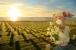  ctt flower grave graveyard holding horizon kaname_madoka mahou_shoujo_madoka_magica ocean pink_hair school_uniform skirt solo sunset tombstone twintails 