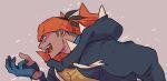  1boy aqua_eyes arm_up black_gloves black_hair black_hoodie chuu_ni commentary_request dark-skinned_male dark_skin drawstring earrings from_side gloves hairband hood hood_down hoodie jewelry male_focus medium_sideburns open_mouth orange_hairband orange_hoodie partially_fingerless_gloves piercing pokemon pokemon_sword_and_shield profile raihan_(pokemon) short_hair sideburns solo spiked_hair stud_earrings teeth two-sided_hoodie undercut upper_body 