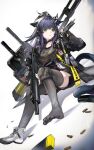  1girl absurdres arknights assault_rifle black_choker black_jacket black_shorts blush choker commentary english_commentary green_eyes grey_shirt grey_thighhighs gun handgun highres holding holding_gun holding_weapon jacket jessica_(arknights) knee_pads long_hair looking_to_the_side open_clothes open_jacket open_mouth ponytail purple_hair rifle shirt shoes short_shorts shorts single_shoe solo thighhighs weapon white_shoes xun_li_eins 