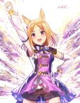  1girl absurdres animal_ears arm_up bare_shoulders blonde_hair blush boots bow bowtie breasts commentary_request dress ear_covers gloves grey_bow grey_bowtie hand_on_own_hip highres horse_ears horse_girl horse_racing_track horse_tail long_sleeves looking_at_viewer medium_breasts multicolored_hair narita_top_road_(the_proud_road)_(umamusume) narita_top_road_(umamusume) open_mouth purple_boots purple_dress purple_eyes purple_shorts short_hair shorts single_ear_cover smile solo streaked_hair tail thigh_strap umamusume white_streaks ya-ya 