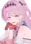  1girl :d absurdres ahoge bare_shoulders black_bow black_hairband bow bright_pupils denia_(wuthering_waves) dot_nose drill_hair drill_sidelocks fang fanged_bangs frilled_sleeves frills from_side gloves hair_bow hair_intakes hairband hands_up head_rest highres light_blush long_hair long_sleeves looking_at_viewer oiro_ik one_side_up open_mouth paper_doll_chain pink_hair purple_eyes red_gloves see-through_clothes see-through_frills side_ahoge sidelocks simple_background smile solo turning_head upper_body white_background wuthering_waves 