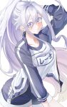  1girl 86_-eightysix- absurdres alternate_costume antenna_hair aol_lo_a arm_up blue_jacket blue_shorts blue_trim blush breasts closed_mouth collarbone commentary_request double-parted_bangs grey_eyes grey_hair gym_shirt gym_shorts gym_uniform hair_between_eyes hand_on_own_head high_ponytail highres jacket long_hair long_sidelocks long_sleeves looking_at_viewer medium_breasts multicolored_jacket ponytail shirt short_shorts shorts sidelocks simple_background smile solo tented_shirt two-tone_jacket very_long_hair vladilena_millize white_background white_jacket white_shirt white_trim 