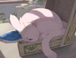  2026 :< acting_like_a_cat ambiguous_feral ambiguous_gender blue_inner_ear box cardboard cardboard_box cheek_tuft colored container curled_up day detailed_background digital_media_(artwork) digital_painting_(artwork) eeveelution espeon facial_tuft felid feline feral forehead_gem forked_tail fur gem generation_2_pokemon if_it_fits_i_sits_(meme) in_box in_container inside kemono light lighting looking_at_viewer mammal meme monotone_body monotone_fur monotone_tail nintendo olyester painting_(artwork) pink_body pink_ears pink_fur plant plant_pot pokemon pokemon_(species) portrait potted_plant purple_eyes quadruped shaded side_view solo sunlight tail three-quarter_portrait tuft unusual_anatomy unusual_tail 