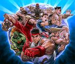  6+boys american_flag beard black_hair blanka blonde_hair bracelet brown_eyes brown_hair bun_cover china_dress chinese_clothes chun-li clenched_teeth dark_skin dhalsim double_bun dougi dress earrings earth edmond_honda facial_hair fingerless_gloves fingernails gloves green_skin guile headband jewelry ken_masters long_fingernails long_hair mohawk multiple_boys muscle necklace open_mouth profile ryuu_(street_fighter) sharp_teeth short_hair skull skull_necklace spiked_bracelet spikes street_fighter street_fighter_ii_(series) tattoo teeth ug_(ugg) zangief 