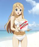  beach bikini blonde_hair blue_eyes food k-on! kotobuki_tsumugi long_hair popcorn solo swimsuit translated tray yuitan 