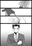  70_oku_no_bun_no_1 black_hair comic formal greyscale gyakuten_saiban male_focus monochrome naruhodou_ryuuichi necktie solo suit 