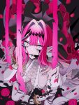  1girl absurdres baobhan_sith_(fate) baobhan_sith_(third_ascension)_(fate) bracelet breasts cleave_gag cloth_gag commentary_request detached_sleeves dress fate/grand_order fate_(series) gag gagged grey_eyes hat highres improvised_gag jewelry koma315ht large_breasts long_hair pink_hair revealing_clothes sidelocks sitting solo spiked_bracelet spikes wariza white_dress 