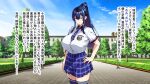  1girl absurdres aomiya_mizuha blue_eyes blue_hair blue_necktie blue_skirt blue_thighhighs breast_pocket breasts button_gap closed_mouth collared_shirt commentary_request hand_on_own_hip highres huge_breasts juukon_sentai_juusoldier large_breasts long_hair looking_at_viewer necktie outdoors paid_reward_available park plaid_clothes plaid_necktie plaid_skirt pleated_skirt pocket ponytail school_uniform shirt shirt_tucked_in short_sleeves skirt sky smile solo standing takeda_hiromitsu tented_shirt thighhighs tree white_shirt zettai_ryouiki 