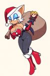  anthro bag bat big_ears blonde_hair blue_eyes breasts brellom christmas cleavage clothed clothing doll female gloves hair hat hi_res holidays looking_at_viewer mammal pants red_eyes rouge_the_bat santa_hat santa_suit solo sonic_(series) white_hair wings 