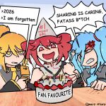  3girls akita_neru anger_vein angry aqua_hair aqua_necktie artist_name birthday birthday_cake blonde_hair blue_background cake candle cellphone claw_mark drill_hair drooling english_text fatass_teto_(meme) flip_phone food fork greentext grey_shirt hatsune_miku high_collar holding holding_fork holding_knife kasane_teto kasane_teto_(sv) knife long_hair meme multiple_girls necktie open_mouth parted_lips phone qwarz_atarz red_eyes red_hair sharp_teeth shirt short_hair speech_bubble synthesizer_v table talking teeth twin_drills twintails upper_body vocaloid yellow_eyes yellow_necktie 