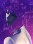  1girl back commentary cropped_shoulders cyberpunk cyborg deadcalm_(de6mpgi6jb44717) ghost_in_the_shell ghost_in_the_shell:_stand_alone_complex highres kusanagi_motoko purple_background purple_eyes purple_hair realistic science_fiction solo subdermal_port topless_female 