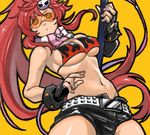  belt bikini_top breasts drawr fingerless_gloves gloves gun ishiima_shiro large_breasts long_hair midriff navel ponytail red_hair rifle scarf shooting_glasses short_shorts shorts sniper_rifle solo studded_belt sunglasses tengen_toppa_gurren_lagann thighhighs underboob weapon yoko_littner 