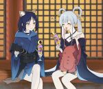  2girls animal_ears bare_shoulders black_hair blue_hair cho_kaguya-hime! commentary crescent crossed_legs cup english_commentary facing_another feet_out_of_frame food fox_ears green_eyes hair_ornament hair_rings hair_stick halterneck highres holding holding_cup holding_spoon ice_cream_spoon long_hair long_sleeves looking_at_another multicolored_hair multiple_girls open_mouth parfait runami_yachiyo sakayori_iroha short_hair sitting siusiuvan smile spoon translated twintails two-tone_hair 