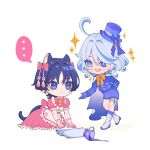  ... 1boy 1girl ahoge alternate_costume animal_ear_fluff animal_ears apron arm_behind_back bell black_hair blue_bow blue_eyes blue_hair blue_hat blue_pupils blunt_ends blush boots bow bowtie bright_pupils buttons cape cat_boy cat_ears cat_tail choppy_bangs closed_mouth collared_dress colored_inner_hair colored_speech_bubble contrast_collar crossdressing crossdressing_(ftm) crossdressing_(mtf) cup curly_ends cutting_board double-breasted dress eyelash_ornament eyeliner formal_clothes frilled_apron frilled_dress frills furina_(genshin_impact) genshin_impact gloves hair_bow hair_intakes hair_ornament hat hat_bow heart heart_apron heart_print heterochromia huge_ahoge jacket jingle_bell juliet_sleeves long_sleeves looking_at_another makeup mini_hat mini_top_hat mismatched_pupils multicolored_hair neck_bell offering_hand open_mouth pink_bow pink_bowtie pink_dress pink_sleeves puffy_sleeves purple_cape purple_eyes purple_gloves purple_jacket purple_shorts purple_sleeves red_eyeliner scaramouche_(genshin_impact) short_hair short_sleeves shorts speech_bubble spill spoken_ellipsis streaked_hair striped_bow striped_bowtie striped_clothes swept_bangs tail tassel tassel_hair_ornament teacup thigh_strap tiniloaf top_hat two-sided_cape two-sided_fabric white_apron white_background white_boots white_cape white_hair white_pupils wing_collar 