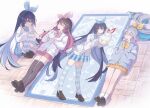  3girls alternate_costume black_hair black_shoes black_thighhighs blue_hair bow bowtie bronya_zaychik closed_eyes closed_mouth colored_inner_hair commentary_request grey_hair highres honkai_(series) honkai_impact_3rd jingwei_(bird) loafers long_hair looking_at_another lying multicolored_hair multiple_girls official_alternate_costume official_art_inset red_hair rinna_(xxrinna) school_uniform seele_(alter_ego) seele_vollerei shirt shoes smile socks squatting striped_clothes striped_thighhighs thighhighs very_long_hair white_shirt white_socks zettai_ryouiki 