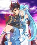  1boy 1girl abstract_background alternate_costume alternate_eye_color armor artist_name asuna_(sao) asuna_(sao-alo) bare_shoulders black_armor black_coat black_gloves black_hair black_horns blue_cloak blue_dress blue_hair blue_sleeves braid breasts brown_armor brown_coat brown_horns carrying cloak closed_eyes coat commentary_request demon_boy demon_horns detached_sleeves dress full_body gloves grey_coat half_up_half_down_braid hetero highres horns kirito kirito_(sao-alo) long_hair long_sleeves looking_at_viewer low_neckline medium_breasts medium_dress messy_hair multicolored_armor multicolored_coat multicolored_sky parted_lips pauldrons pointy_ears princess princess_carry purple_sky red_armor red_eyes red_horns red_sky short_hair shoulder_armor sky sleeves_past_wrists smile sword_art_online tu_tora2 twitter_username two-tone_dress two-tone_sleeves unconscious upper_body watermark white_dress white_sky white_sleeves 