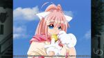  1girl 2000s_(style) animal_ears animal_hands anime_coloring atelier-moo bell blue_eyes blush breasts cat_ears dress fluffy_hands game_cg gloves hair_between_eyes hand_on_own_chest high_ponytail large_variant_set long_hair melody_sinclair neck_bell non-web_source official_art parted_lips pink_hair ponytail puffy_short_sleeves puffy_sleeves short_sleeves sky solo tented_shirt upper_body variant_set white_gloves yuukyuu_gensoukyoku 