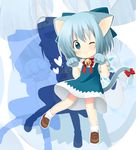  :3 animal_ears bad_id bad_pixiv_id bell bell_collar blue_eyes blue_hair blue_skirt bow cat_ears cat_tail cirno collar gloves heart kemonomimi_mode one_eye_closed oniku_(shimofuri-ke) paw_gloves paws shirt short_hair short_sleeves skirt solo tail tail_bow touhou zoom_layer 