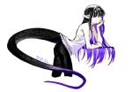  akemi_homura avanes_d black_hair commentary dated elbow_rest feet_out_of_frame from_side hairband highres leaning_forward lizard_tail long_tail looking_at_viewer looking_to_the_side mahou_shoujo_madoka_magica multicolored_hair pointy_ears purple_eyes purple_hair purple_hairband reptile_girl sidelocks simple_background tail two-tone_hair untranslatable_commentary virgin_killer_sweater white_background 