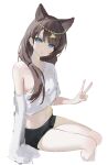 0dd 1girl :o animal_ears arknights asymmetrical_clothes asymmetrical_shirt asymmetrical_sleeves black_shorts blue_eyes breasts cat_ears cat_girl crop_top extra_ears hair_between_eyes hair_half_over_shoulder hair_over_breasts hair_over_one_breast hand_up head_chain highres invisible_chair jewelry long_hair looking_at_viewer medium_breasts micro_shorts midriff navel no_bra parted_lips pepe_(arknights) shirt short_sleeves shorts simple_background single_bare_shoulder single_off_shoulder single_sleeve_past_fingers sitting sketch solo thighs translucent uneven_sleeves v white_background white_shirt 