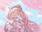  1girl beret blush bow closed_eyes commentary_request earrings falling_petals flower_earrings grey_hat grey_jacket hair_between_eyes hat hatsune_miku highres holding holding_petal jacket jewelry long_hair long_sleeves looking_at_viewer official_alternate_costume official_alternate_hairstyle open_mouth petals pink_hair pink_petals sakura_miku sakura_miku_(rella) smile solo twintails very_long_hair vocaloid white_bow yeerasuto 