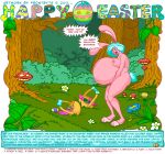  2011 after_vore ambiguous_gender ambiguous_prey anthro anthro_pred artist_name basket beer_bottle belly big_belly blue_eyes blue_hair blue_tail blue_text bottle buckteeth container copyright_symbol daisy_(flower) digital_drawing_(artwork) digital_media_(artwork) dog_food dog_treat easter easter_bunny easter_egg empty_bottle english_description english_text eyebrows female female_pred flower forest forest_background frostbyte_(artist) fungus fur genitals green_grass hair heart_symbol holding_belly holding_own_belly holidays mushroom oral_vore pet_food pink_body pink_eyebrows pink_fur plant purple_text scut_tail sex_toy short_tail shrub standing story symbol tail teeth text toilet_paper tree vibrator vore vulva when_you_see_it white_speech_bubble 