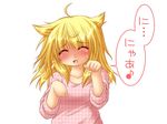  ^_^ ahoge alternate_costume animal_ears blonde_hair blush cat_ears checkered checkered_shirt closed_eyes embarrassed fake_animal_ears kagura_chitose kemonomimi_mode kirisame_marisa long_sleeves meowing open_mouth paw_pose shirt smile solo sweat touhou translated 