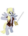  69 animal_ears belt blak_clothing blonde_hair brown_clothing bubbles cutie_mark derpy_hooves_(mlp) equine eyelashes female friendship_is_magic gray_body hair horse mustache my_little_pony pegasus pirate plain_background pony sword teeth vest weapon white_background wings yellow_eyes 