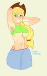  applejack arms_behind_head blonde_hair breasts cowboy_hat denim hat highres jeans midriff my_little_pony my_little_pony_friendship_is_magic pants ponytail smile solo tan tanline underboob 