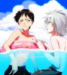  brown_hair grey_hair hosaka_dx ikari_shinji innertube male_focus male_swimwear multiple_boys nagisa_kaworu neon_genesis_evangelion shirtless swim_trunks swimwear water 