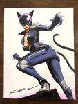  1girl absolute_batman absolute_dc animal_ear_helmet animal_helmet breasts cat_helmet cat_mask catsuit catwoman_(absolute_dc) dc_comics foregrip highres large_breasts leather_suit mask santa_fung solo 