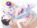  1boy 1girl azusa_(blue_archive) azusa_(swimsuit)_(blue_archive) bikini black_hair blue_archive blush cowgirl_position doodle_sensei_(blue_archive) feathered_wings flower food-themed_hair_ornament girl_on_top hair_flower hair_ornament halo hetero long_hair measho official_alternate_costume open_mouth purple_eyes purple_flower sensei_(blue_archive) sex short_hair straddling swimsuit white_hair white_wings wings yellow_halo 