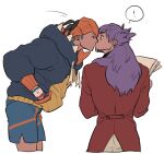  2boys black_hair black_hoodie blue_shorts chuu_ni closed_eyes coat commentary_request cropped_legs dark-skinned_male dark_skin drawstring dynamax_band facial_hair hand_in_pocket headband holding hood hood_down hoodie kiss leon_(pokemon) long_hair long_sleeves male_focus multiple_boys orange_headband orange_hoodie pants pokemon pokemon_sword_and_shield purple_hair raihan_(pokemon) red_coat short_hair short_sideburns shorts sideburns simple_background speech_bubble spiked_hair tailcoat two-sided_hoodie white_background white_pants yaoi yellow_eyes 