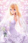  armpits bangs bare_shoulders blonde_hair blue_eyes bouquet bow breasts cleavage collarbone dress earrings flower gloves holding jewelry large_breasts long_hair lowres outstretched_hand pleated_dress rose rose_pacifica salt_(salty) smile solo strapless swept_bangs sword_girls tiara veil wedding_dress 