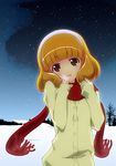  blonde_hair breath brown_eyes cardigan hairband kise_yayoi night precure red_scarf scarf short_hair sky slowpit smile_precure! snow solo star_(sky) starry_sky white_hairband 
