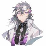  1boy absurdres aotu_world black_hair black_shirt chinese_commentary closed_mouth commentary_request cropped_shoulders crossed_bangs dopperu_ben frown grey_hair hair_between_eyes highres jacket long_hair male_focus open_clothes open_jacket pointy_ears purple_eyes ray_(aotu_world) shirt simple_background solo white_background white_jacket 