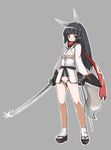  anabuki_tomoko animal_ears bad_id bad_pixiv_id black_eyes black_hair breasts dual_wielding grey_background holding japanese_clothes katana long_hair looking_at_viewer medium_breasts panties red_scarf sandals scarf shokuen_shiwe sideboob simple_background socks solo sword tail underwear weapon white_panties world_witches_series 