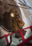  aituoku bad_id bad_pixiv_id blurry brown_eyes brown_hair cable depth_of_field dutch_angle expressionless hands_in_pockets hat jacket long_hair looking_away original railing scarf shadow sidelocks solo star wall 