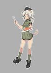  animal_ears bad_id bad_pixiv_id blue_eyes food fork giuseppina_ciuinni grey_background grey_hair hat long_hair military military_uniform one_eye_closed pasta shokuen_shiwe simple_background smile solo spaghetti tail uniform world_witches_series 