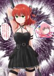  2girls arm_behind_head arm_strap arm_up armpits bare_shoulders belt belt_buckle black_choker black_dress bocchi_the_rock! breasts buckle choker commentary_request cowboy_shot cube_hair_ornament dress gotoh_hitori green_eyes hair_ornament high-waist_belt highres kita_ikuyo looking_at_viewer medium_breasts medium_hair multiple_girls pink_hair red_hair side_ahoge sleeveless sleeveless_dress speech_bubble standing thigh_strap ubel_(sousou_no_frieren) yuki._(kitaiku4) 