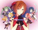  4girls akiyoshi_(tama-pete) blonde_hair blue_hair blue_scarf bouquet brown_hair character_name closed_eyes detached_sleeves flower gloves green_hair hair_ornament hair_ribbon hairclip hatsune_miku headset kagamine_len kagamine_rin kaito long_hair megurine_luka meiko microphone microphone_stand multiple_boys multiple_girls necktie open_mouth pink_hair ribbon scarf short_hair shorts skirt thighhighs twintails very_long_hair vocaloid 