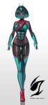  1girl antennae black_bodysuit black_hair black_skin bodysuit capsems character_name closed_mouth clothing_cutout colored_eyelashes colored_skin commentary_request eidenjyou1997 emblem full_body genderswap genderswap_(mtf) green_bodysuit green_hair highres kamen_rider kamen_rider_zeztz kamen_rider_zeztz_(physicam_impact) kamen_rider_zeztz_(series) looking_at_viewer medium_hair multicolored_bodysuit multicolored_hair open_hands red_bodysuit red_eyes red_shoes rider-tan rider_belt shadow shoes shoulder_belt simple_background smile solo standing white_background zeztz_driver 