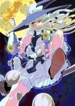  blonde_hair bloomers bow broom broom_riding brown_eyes bullet casing_ejection dual_wielding frills full_moon gun handgun hat hat_bow holding jewelry kirisame_marisa long_hair masao moon pistol ring shell_casing solo touhou underwear upskirt weapon white_bow witch_hat yellow_moon 